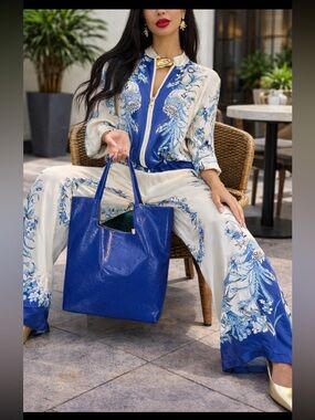 Blue & White Baroque Print 2-Piece Set Zip Jacket & Wide-Leg Pants